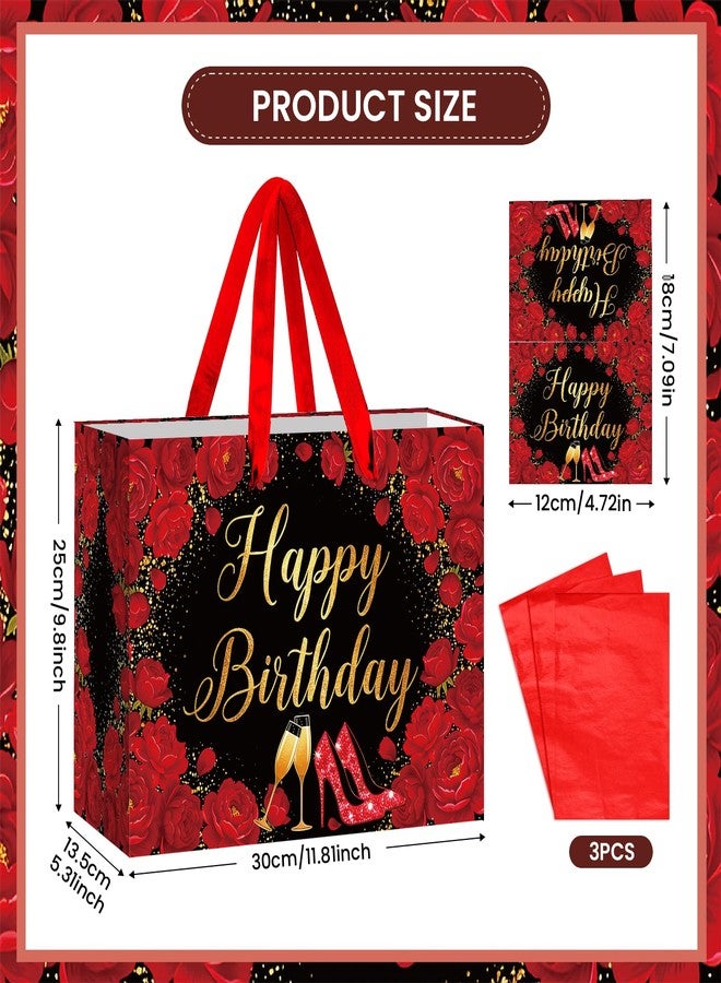 Woosytoo Happy Birthday Gift Bag for Women - Glamorous Black and Red Rose Floral Gift Wrapping Bag with Tissue Paper & Card - High Heels Champagne Theme Present Sack for Wife Mom Sister Best Friend - Image 3