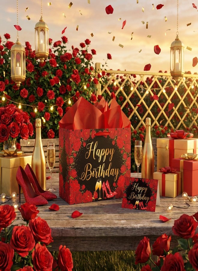 Woosytoo Happy Birthday Gift Bag for Women - Glamorous Black and Red Rose Floral Gift Wrapping Bag with Tissue Paper & Card - High Heels Champagne Theme Present Sack for Wife Mom Sister Best Friend - Image 4