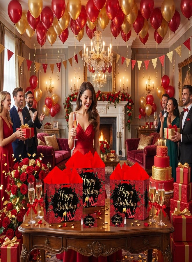 Woosytoo Happy Birthday Gift Bag for Women - Glamorous Black and Red Rose Floral Gift Wrapping Bag with Tissue Paper & Card - High Heels Champagne Theme Present Sack for Wife Mom Sister Best Friend - Image 5