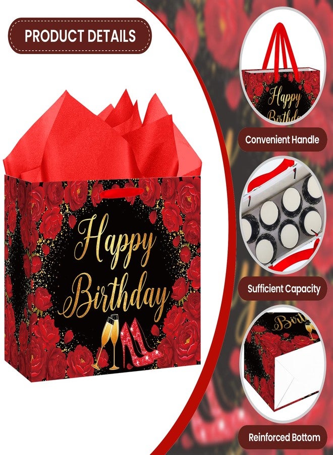 Woosytoo Happy Birthday Gift Bag for Women - Glamorous Black and Red Rose Floral Gift Wrapping Bag with Tissue Paper & Card - High Heels Champagne Theme Present Sack for Wife Mom Sister Best Friend - Image 2