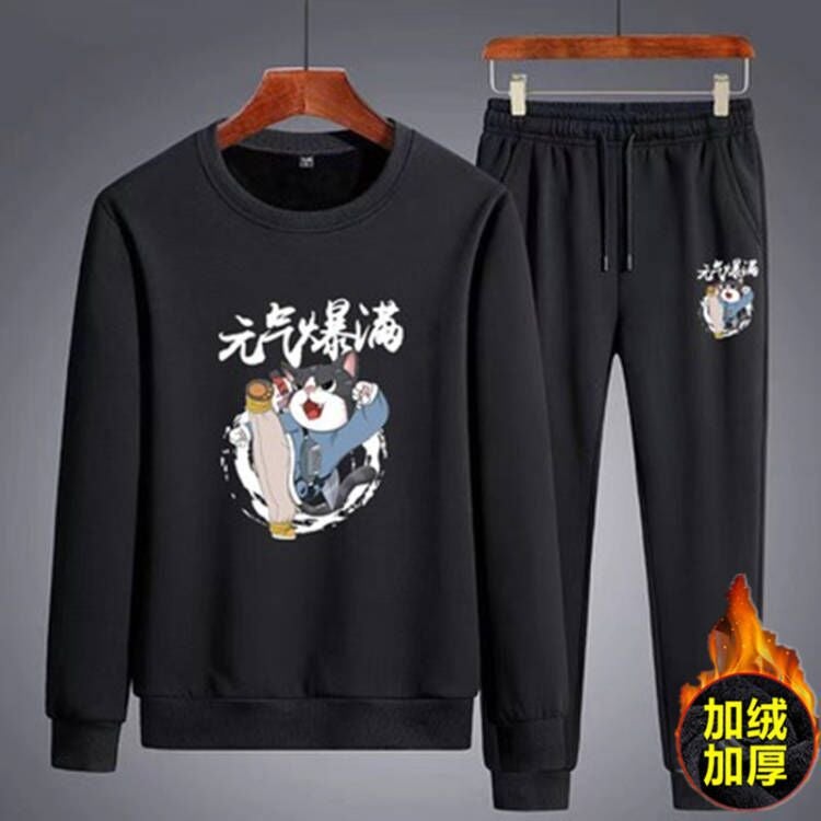Mens Casual Sports Suit 2023 Autumn Long Sleeve Round Neck Sweatshirt Set Vigor Cat Black suit fleece-lined