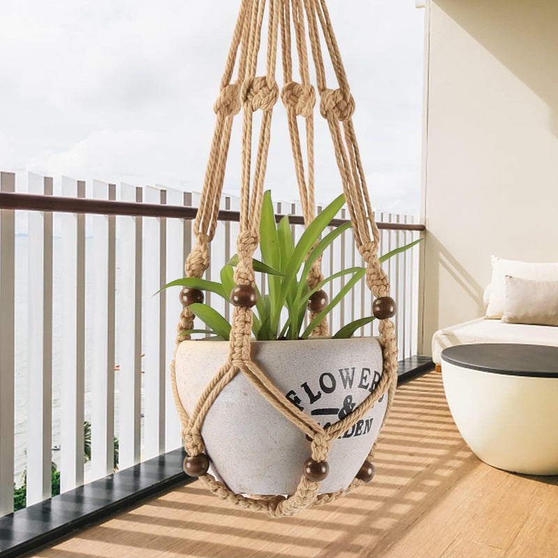 MKO SHUN 3-Pack Macrame Plant Hanger Indoor - Hanging Planter Basket for Indoor Outdoor - Decorative Boho Plant Holders Set with Beads - Ceiling Flower Pot Holder with 6 Hooks - 35"/30"/24" Linen - Image 2