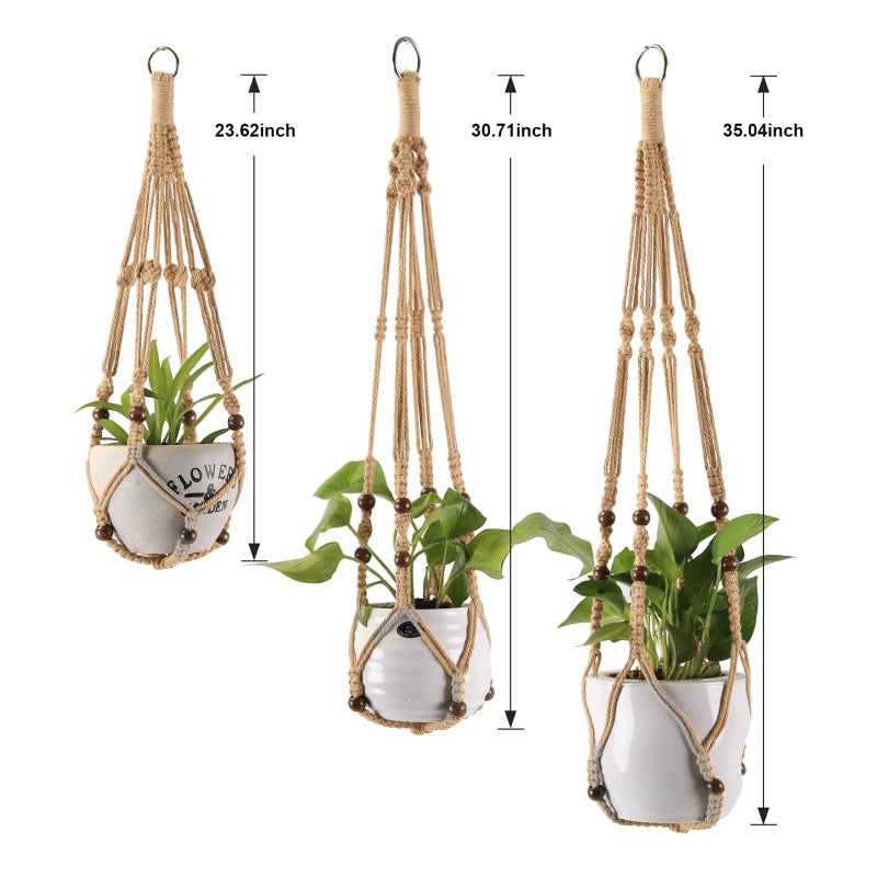MKO SHUN 3-Pack Macrame Plant Hanger Indoor - Hanging Planter Basket for Indoor Outdoor - Decorative Boho Plant Holders Set with Beads - Ceiling Flower Pot Holder with 6 Hooks - 35"/30"/24" Linen - Image 4