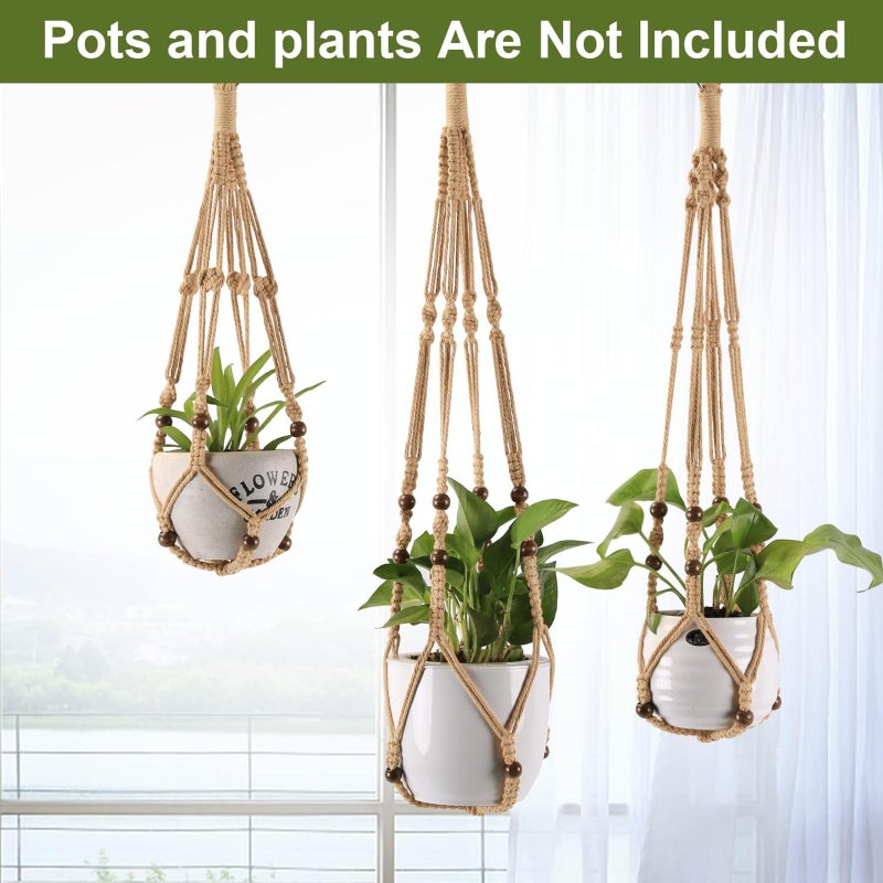 MKO SHUN 3-Pack Macrame Plant Hanger Indoor - Hanging Planter Basket for Indoor Outdoor - Decorative Boho Plant Holders Set with Beads - Ceiling Flower Pot Holder with 6 Hooks - 35"/30"/24" Linen - Image 3