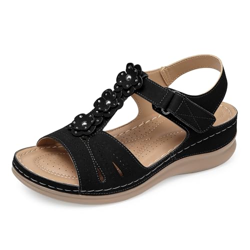 SHIBEVER Wedge Sandals for Women Dressy: Black Size 8 Low Summer Platform Comfort Dress Sandal - Comfortable Walking Sandals - Casual Flower Flat Womens Sandal - Image 1