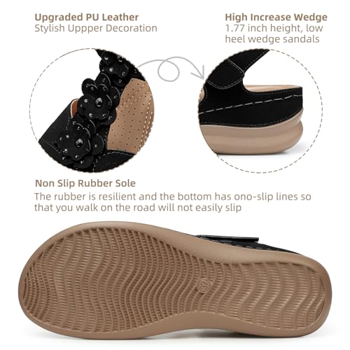 SHIBEVER Wedge Sandals for Women Dressy: Black Size 8 Low Summer Platform Comfort Dress Sandal - Comfortable Walking Sandals - Casual Flower Flat Womens Sandal - Image 3