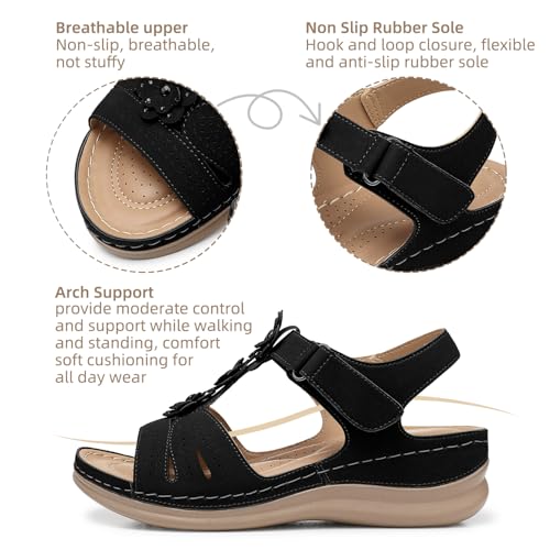 SHIBEVER Wedge Sandals for Women Dressy: Black Size 8 Low Summer Platform Comfort Dress Sandal - Comfortable Walking Sandals - Casual Flower Flat Womens Sandal - Image 2