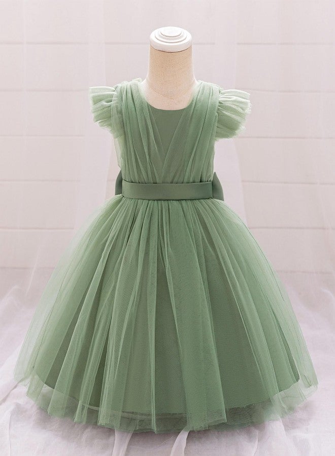 OBEEII Baby Girls Wedding Flower Girl Dress Flutter Sleeve Tulle Tutu Dress Bowknot V Back Pageant Party Birthday Formal Dresses Toddler Baby Baptism Photoshoot Outfit Sage Green 18-24 Months - Image 4