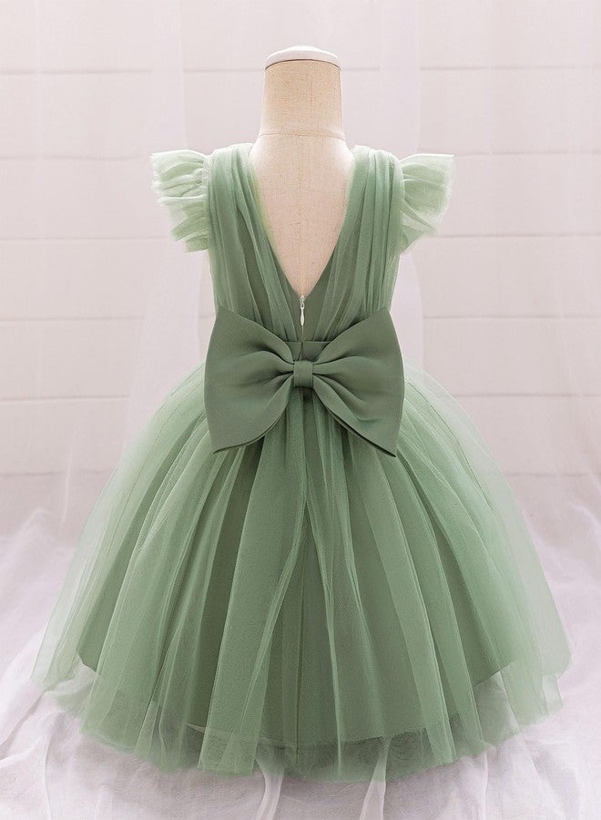 OBEEII Baby Girls Wedding Flower Girl Dress Flutter Sleeve Tulle Tutu Dress Bowknot V Back Pageant Party Birthday Formal Dresses Toddler Baby Baptism Photoshoot Outfit Sage Green 18-24 Months - Image 3