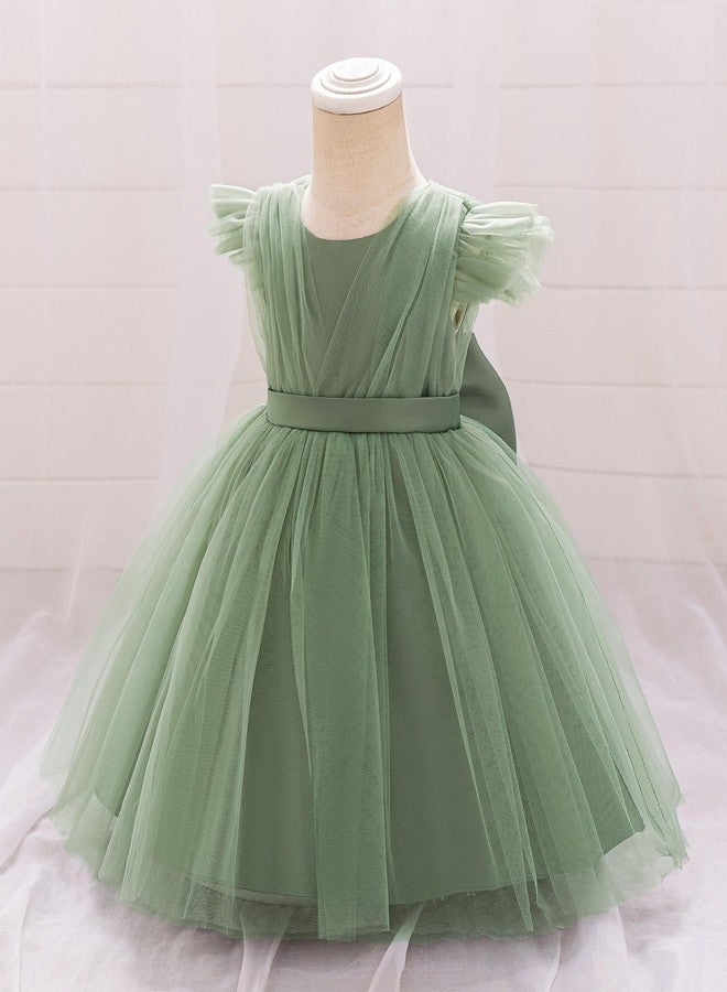 OBEEII Baby Girls Wedding Flower Girl Dress Flutter Sleeve Tulle Tutu Dress Bowknot V Back Pageant Party Birthday Formal Dresses Toddler Baby Baptism Photoshoot Outfit Sage Green 18-24 Months - Image 2