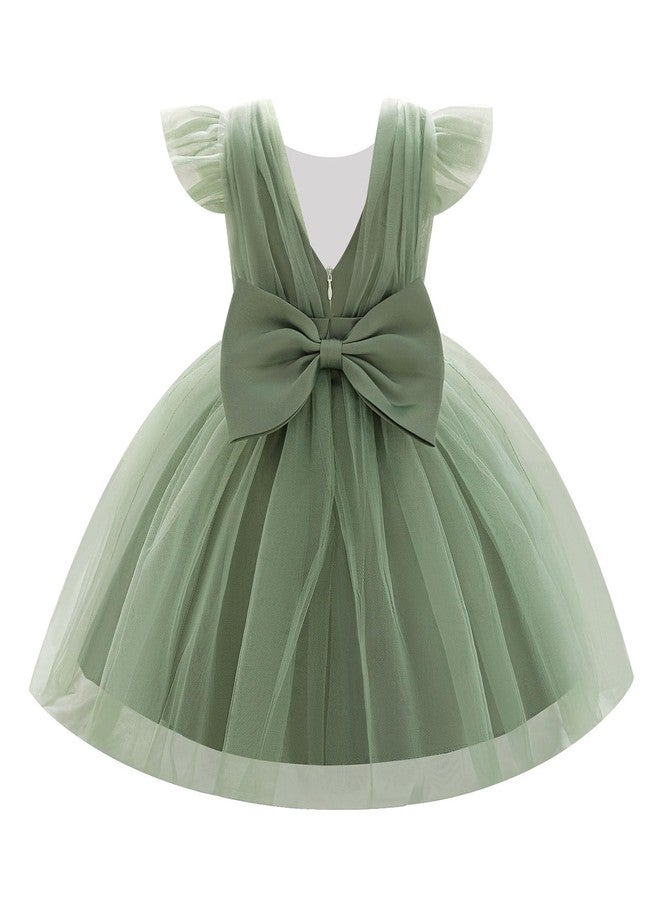 OBEEII Baby Girls Wedding Flower Girl Dress Flutter Sleeve Tulle Tutu Dress Bowknot V Back Pageant Party Birthday Formal Dresses Toddler Baby Baptism Photoshoot Outfit Sage Green 18-24 Months - Image 1