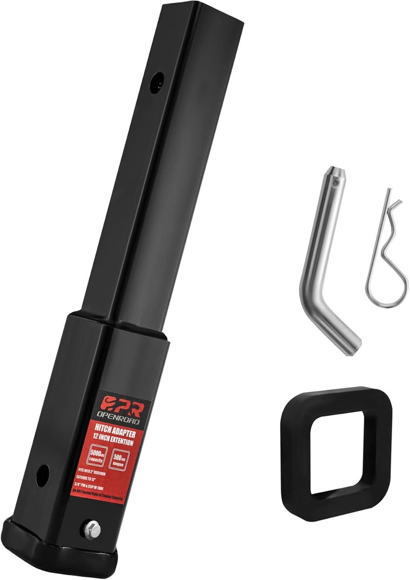 OPENROAD Trailer Hitch Extension for 2-Inch Receiver, 12" Tube Extender Towing Receiver with 5/8" Hitch Pin and 2" Silencer Pad (12-inch) - Image 1