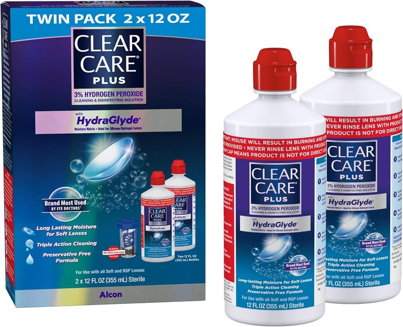 كلير كير محلول تنظيف Clear Care Plus مع علبة العدسات، عبوة مزدوجة، متعدد، 12 أونصة، عبوة من 2 - Image 1