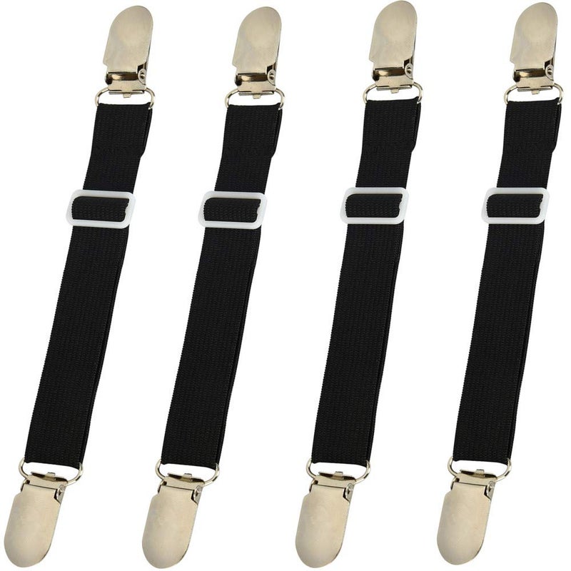 BBDOU Bed Sheet Clips Straps Holder Mattress Clips  Adjustable Elastic Bed Sheet Grippers Suspender Fasteners Black Set of 4