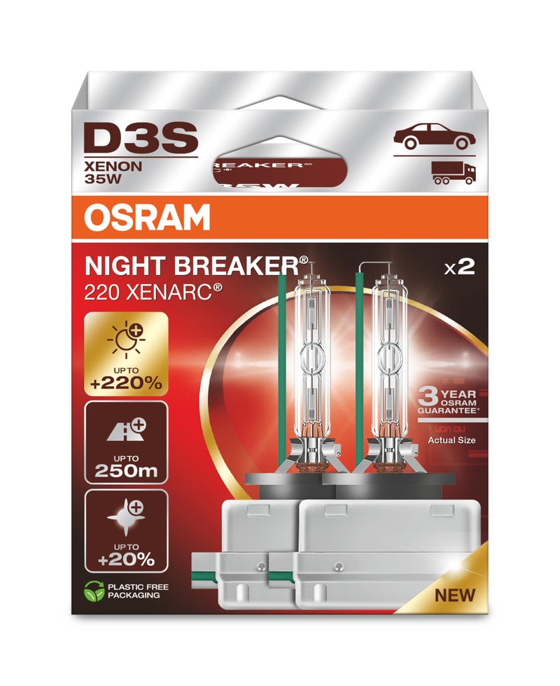 Osram Xenarc Night Breaker 220, D3S, +220% More Brightness, Xenon Headlight Bulb, 66340XN2-2HB, Folding Box (2 Lamps) - Image 1