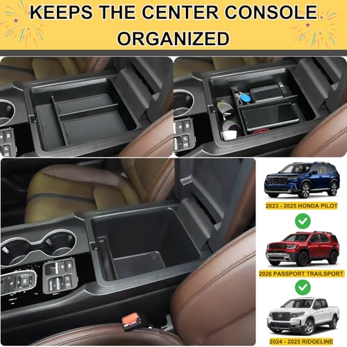 Qlhshop 3Pcs Center Console Organizer Tray for 2026 Honda Passport Trailsport/2023 2024 2025 Honda Pilot/Ridgeline/Interior Accessories - Center Console Cup Holder Insert & Hidden Armrest Storage Box - Image 2