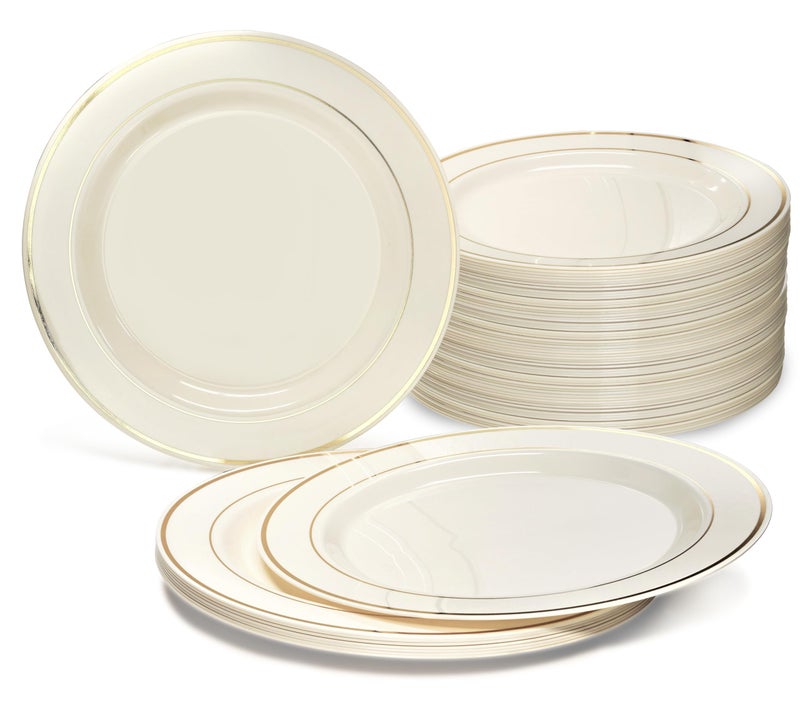 OCCASIONS 120 Plates Pack Heavyweight Disposable Wedding Party Plastic Plates 625 DessertBread Plate Ivory  Gold Rim