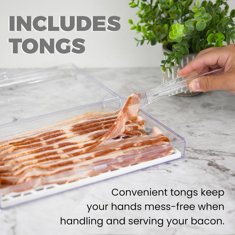 GlossyEnd Bacon Keeper Storage Container with Tong, Deli Meat Storage Container with Perforated Tray for Freshness, Clear Durable Plastic - Dishwasher and Freezer Safe - Size: 11â€ x 6.5â€ x 2â€ - Image 5