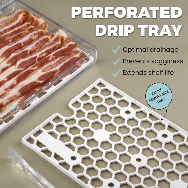 GlossyEnd Bacon Keeper Storage Container with Tong, Deli Meat Storage Container with Perforated Tray for Freshness, Clear Durable Plastic - Dishwasher and Freezer Safe - Size: 11â€ x 6.5â€ x 2â€ - Image 3