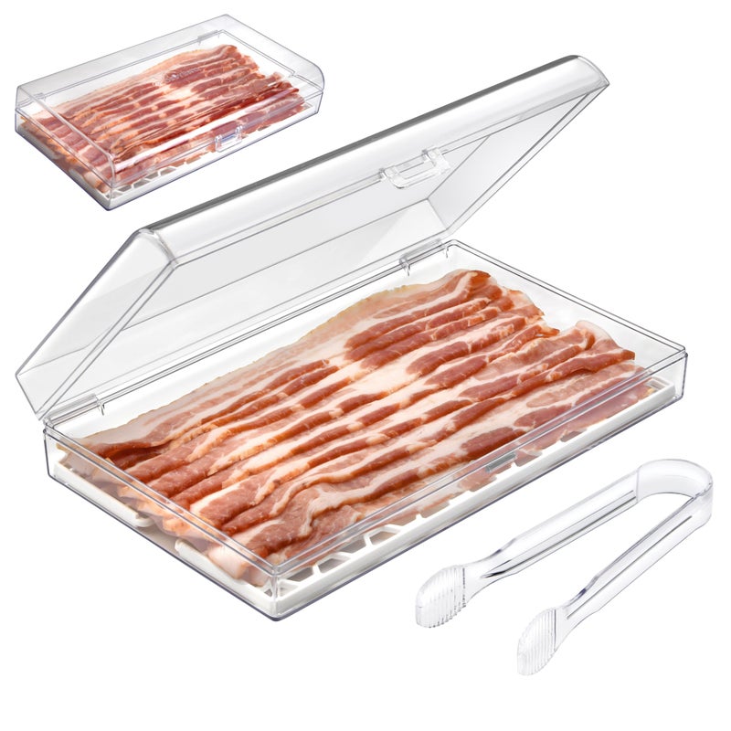 GlossyEnd Bacon Keeper Storage Container with Tong, Deli Meat Storage Container with Perforated Tray for Freshness, Clear Durable Plastic - Dishwasher and Freezer Safe - Size: 11â€ x 6.5â€ x 2â€ - Image 1