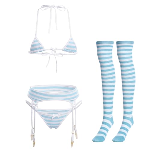 ABAFIP Women Cute Kawaii Anime Lingerie set Halter Strap Micro Bra Tiny Panty Garter Belt Striped Stockings 4Pcs Underwear Blue One Size - Image 1