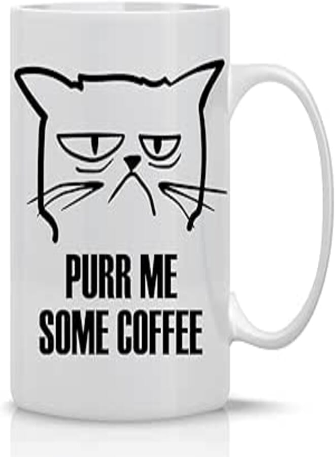 Purr Me Some Coffee - 11oz Sarcastic Funny Ceramic Coffee Mug Grumpy Cat for Animal Lovers, Crazy Cat Lady Cat Mom And Cat Dad - You Have To Be Kitten Me Right Meow - Pawden Me Are You Aaron Purr
