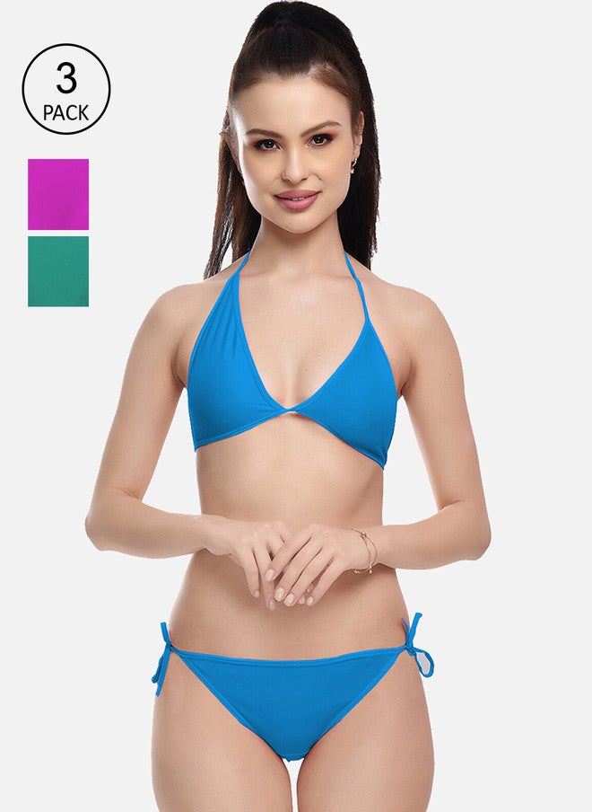 FIMS Women Pack of 3 Solid Bikini Set in Blue, Purple, and Green - Image 1