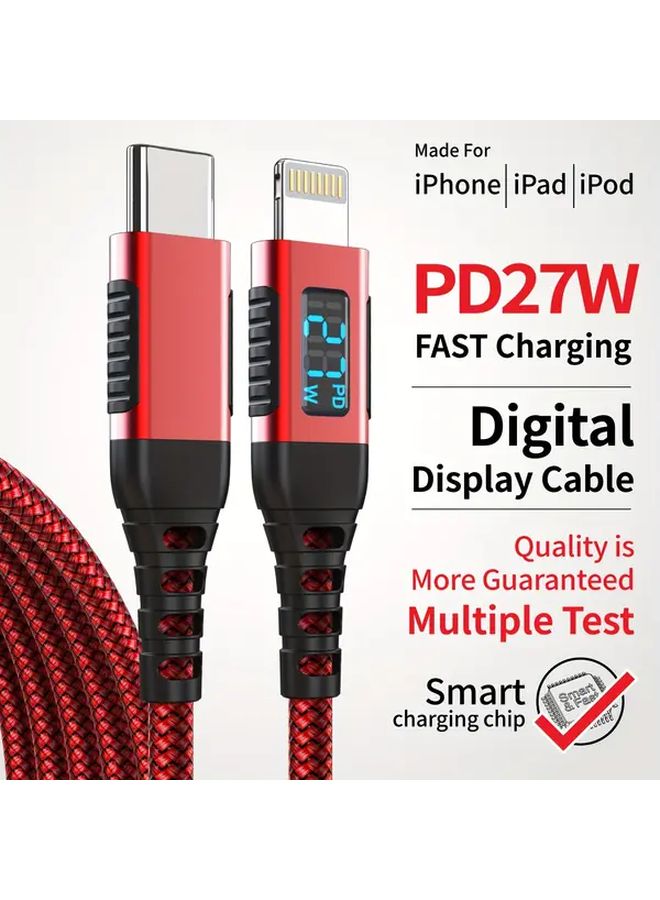 Red Braided USB C to Lightning Cable 3.3ft MFi Certified Fast Charging with LED Display for iPhone - Image 1