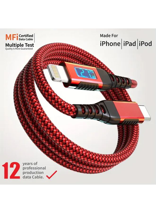 Red Braided USB C to Lightning Cable 3.3ft MFi Certified Fast Charging with LED Display for iPhone - Image 2