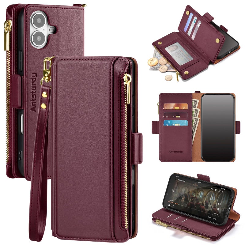 Antsturdy Compatible with iPhone 17 Wallet Case Women,RFID Blocking PU Leather Phone Case Men Kickstand Flip Folio Cover Wrist Strap Zipper Credit Card Holder Slots for Apple 17 6.3",Wine Red - Image 1