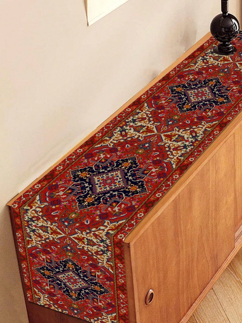 زينه رمضان مفرش طاولة بنقشة شرقية تراثية مستوحاة من السجاد الفارسي بألوان حمراء وزخارف هندسية أنيقة مقاس 183×33 سم لتزيين الطاولات والمداخل – زينه رمضان للمنازل و الحفلات - Image 3