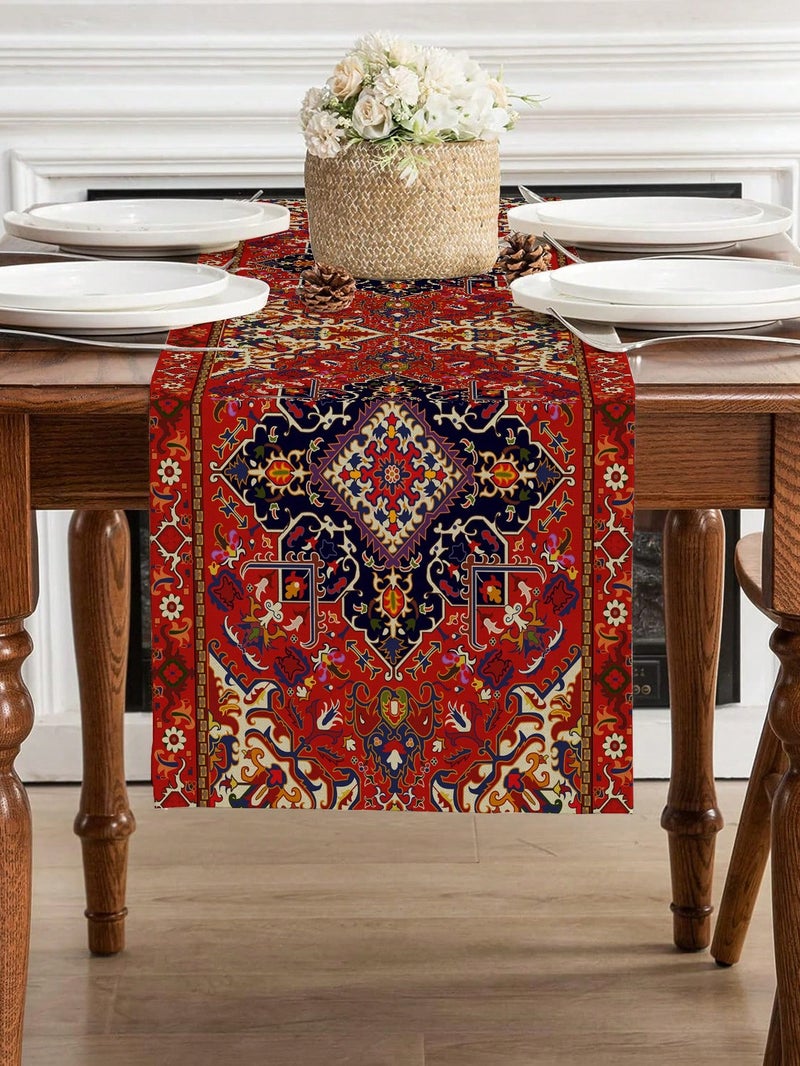 زينه رمضان مفرش طاولة بنقشة شرقية تراثية مستوحاة من السجاد الفارسي بألوان حمراء وزخارف هندسية أنيقة مقاس 183×33 سم لتزيين الطاولات والمداخل – زينه رمضان للمنازل و الحفلات - Image 2