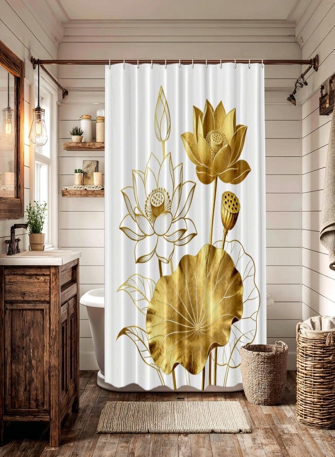 Batmerry Color Gold White Lotus Decorative Shower Curtain, Contour Color Gold White Lotus Asian Flower Symbol Peace Cute Long Wide Rust Proof Grommets for Bathroom Waterproof Washable, 72x72 inches - Image 3