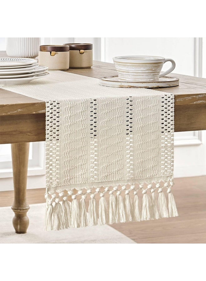 Zeemey Bohemian Stripe Linen Table Runner with Knotted Tassels - 100% Woven Linen Table Flag, Rustic Boho Style for Kitchen Dining Table, Holiday Party Decorative Tablecloth - Single Piece，30*183cm - Image 1