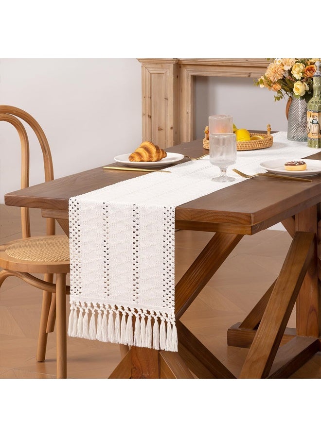Zeemey Bohemian Stripe Linen Table Runner with Knotted Tassels - 100% Woven Linen Table Flag, Rustic Boho Style for Kitchen Dining Table, Holiday Party Decorative Tablecloth - Single Piece，30*183cm - Image 3