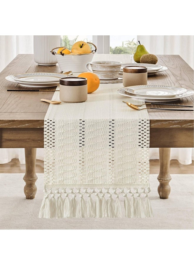Zeemey Bohemian Stripe Linen Table Runner with Knotted Tassels - 100% Woven Linen Table Flag, Rustic Boho Style for Kitchen Dining Table, Holiday Party Decorative Tablecloth - Single Piece，30*183cm - Image 5