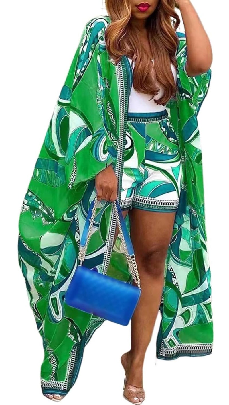 QegarTop Plus Size Outfits Vacation Boho Kimono and Shorts Set for Women flowy Cardigan Dusters Green 2xl - Image 1