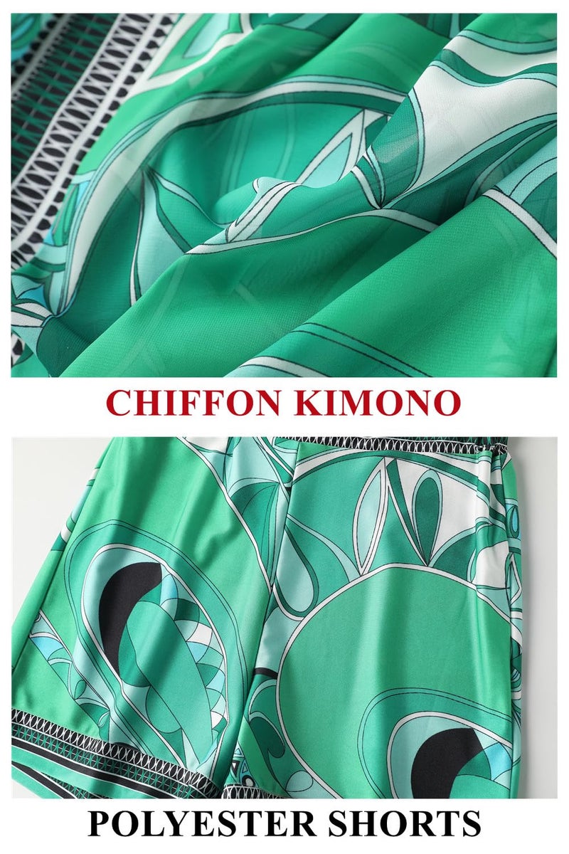 QegarTop Plus Size Outfits Vacation Boho Kimono and Shorts Set for Women flowy Cardigan Dusters Green 2xl - Image 3