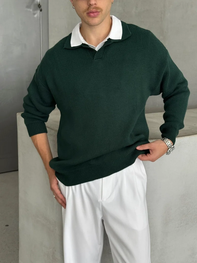 هايمان Men's Polo Collar Knitted Oversize Sweater