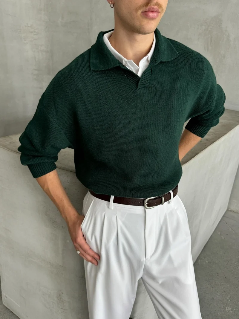 هايمان Men's Polo Collar Knitted Oversize Sweater