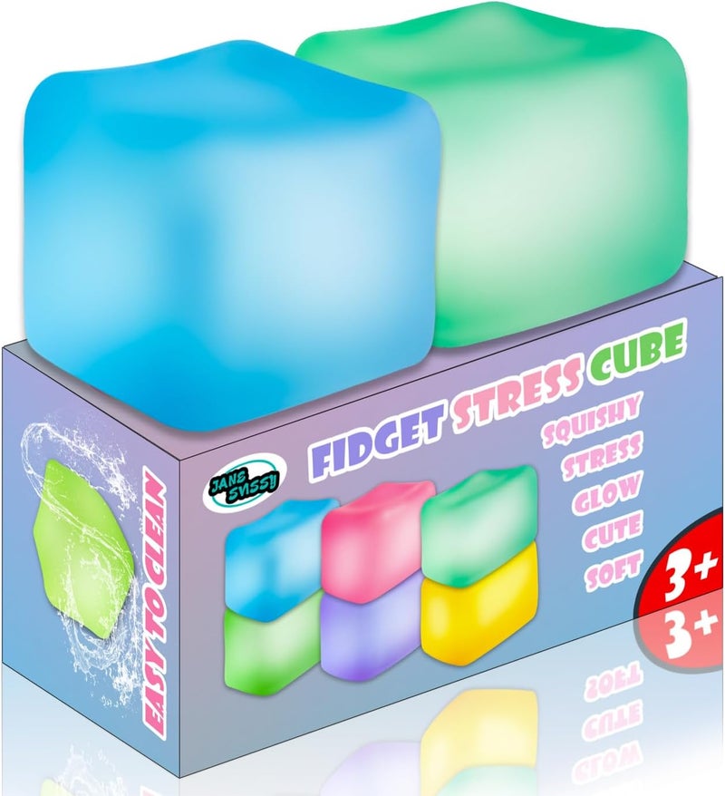 JANESVISSY Glow in the Dark Stress Cube Fidget Toy (2-Pack) - Super Solid Squishy TPR Squeeze Toy for Kids Teens Adults (Blue & Purple) - Image 1