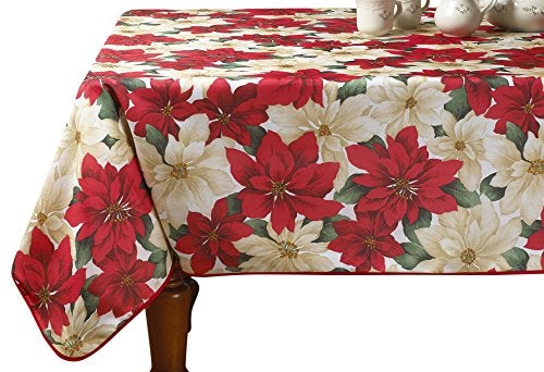 Violet Linen European Holiday Christmas Poinsettia Floral Design Printed Tablecloth - Beige - 60" by 102" Oblong/Rectangle - Image 1
