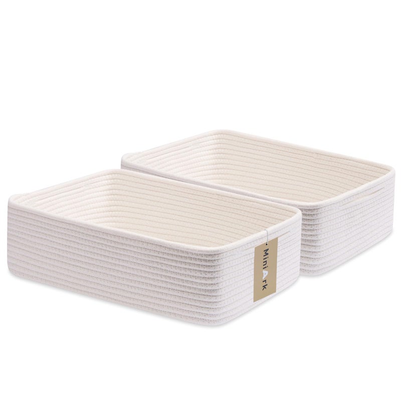 MiniArk Large Shallow Organizing Baskets 15x11x5.1 Inches - Rope Woven Storage Bins for Bathroom, Shelves, Cube Closet, Off White 2 Packs - Image 1