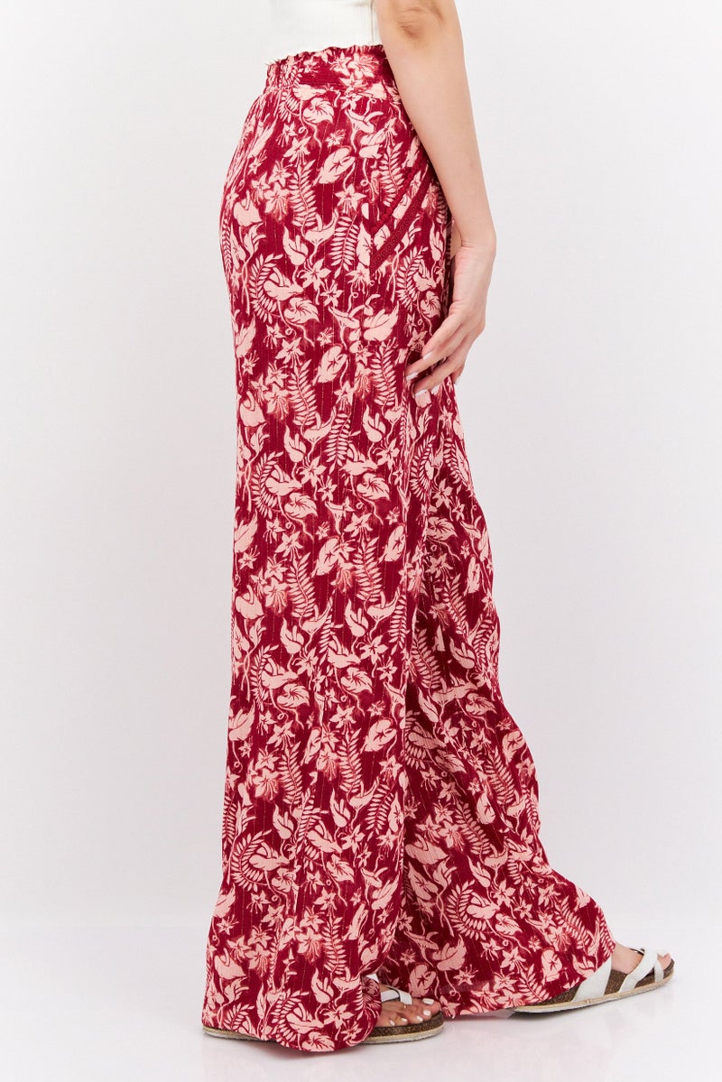 INC Women Wide Leg Floral Print Pull On Pants, Maroon Combo - Image 4