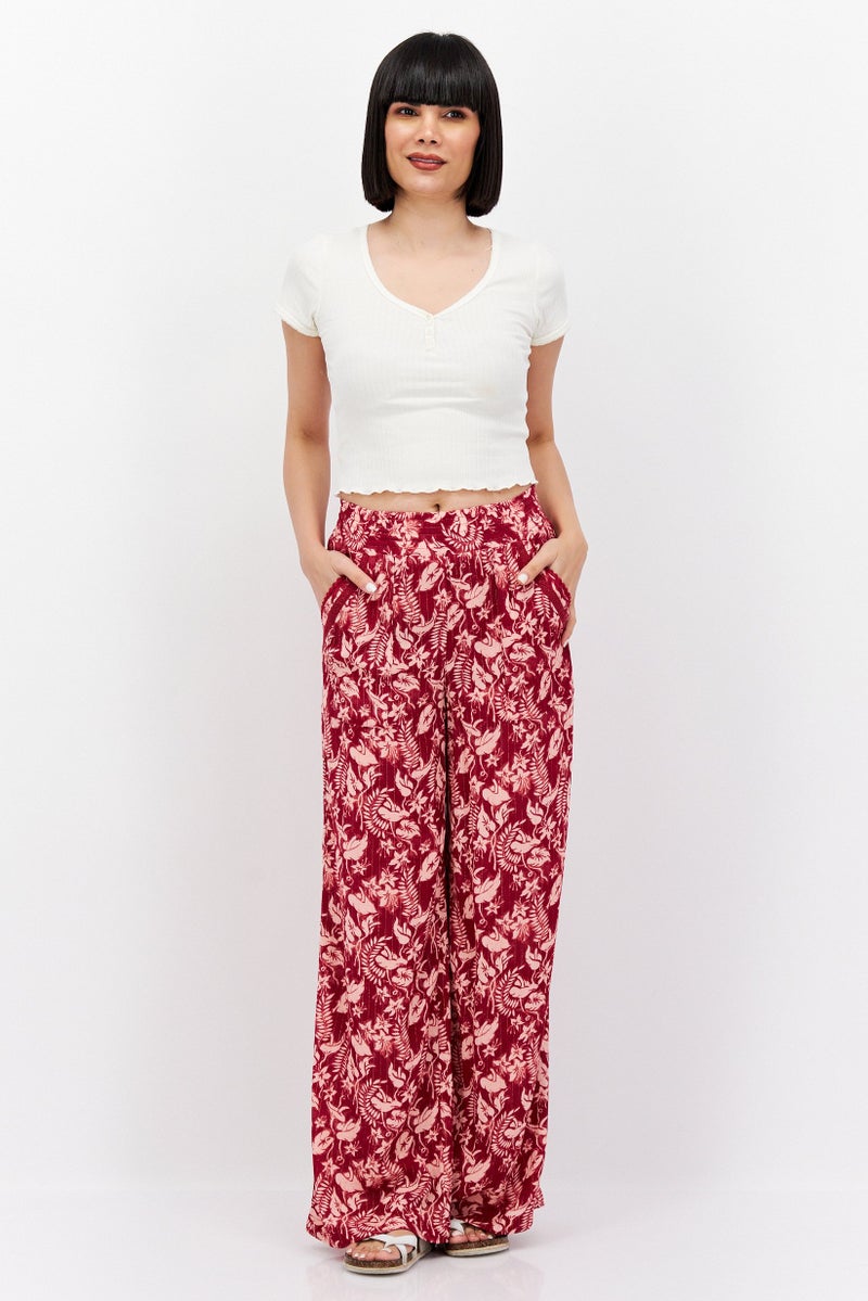 INC Women Wide Leg Floral Print Pull On Pants, Maroon Combo - Image 2