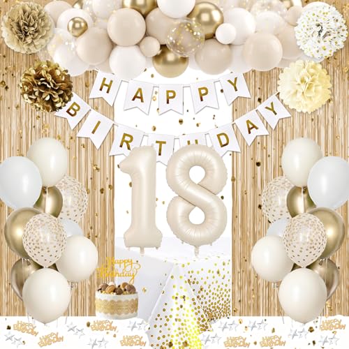 KISPATTI زينة عيد الميلاد الثامن عشر للفتيات باللون الذهبي زينة عيد ميلاد سعيد 18 بالبالونات البيضاء والذهبية لافتة عيد الميلاد مفرش طاولة ستارة شرائط قمة كعكة زينة ورقية للبنين والبنات في عيد ميلادهم 18 - Image 1