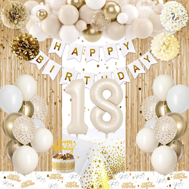 KISPATTI زينة عيد الميلاد الثامن عشر للفتيات باللون الذهبي زينة عيد ميلاد سعيد 18 بالبالونات البيضاء والذهبية لافتة عيد الميلاد مفرش طاولة ستارة شرائط قمة كعكة زينة ورقية للبنين والبنات في عيد ميلادهم 18 - Image 3