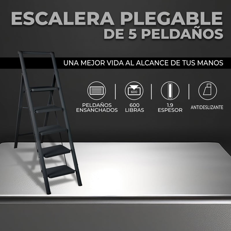 UZIRO Folding Ladder 5 Steps, Lightweight and Compact, Decorative Design, Wide Non-Slip Steps, Ideal for Home, Kitchen and Office Use, Easy to Store and Transport, High Durability - Image 2