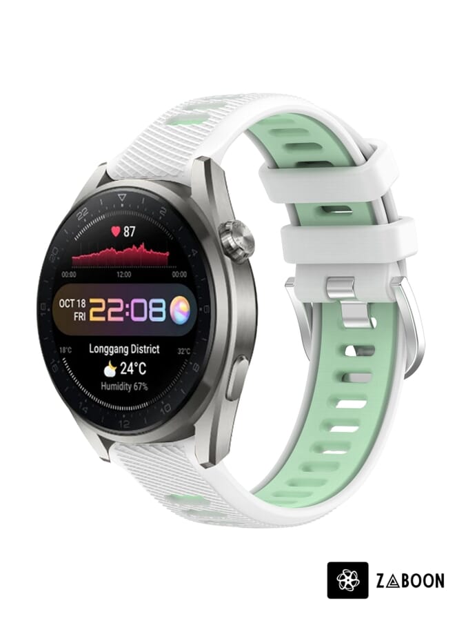 Zaboon Watch Band For Huawei Watch 3 Pro New 22mm Sports Two-Color Steel Buckle Silicone (White+Teal) - Image 1