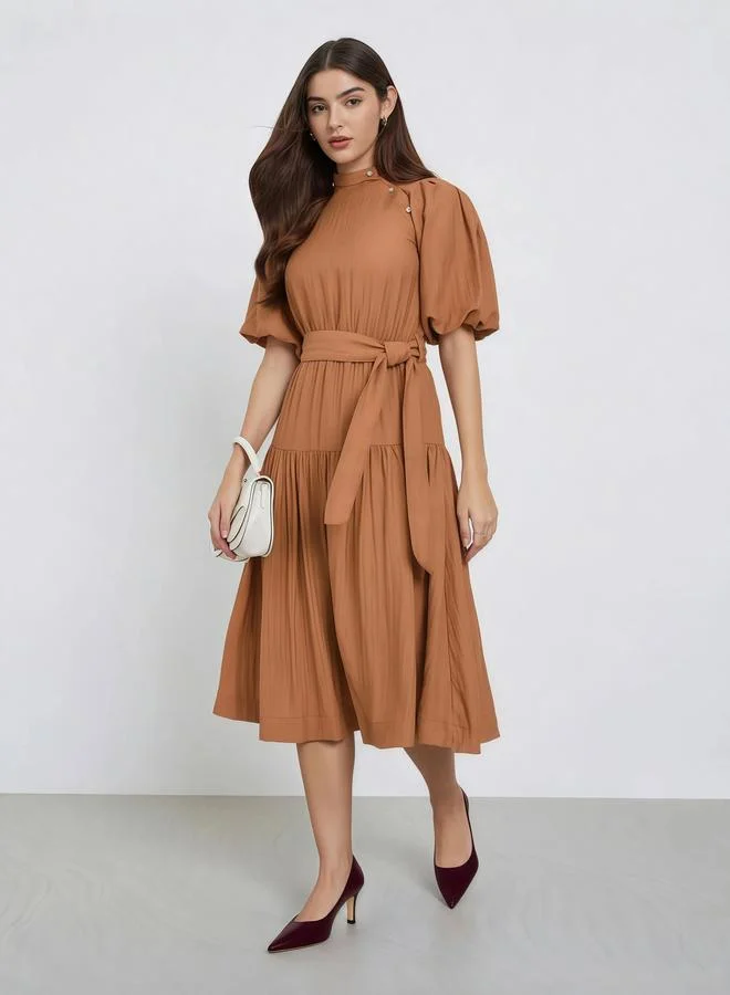 Styli Styli Rust Puff Sleeve Waist Tie Midi Dress